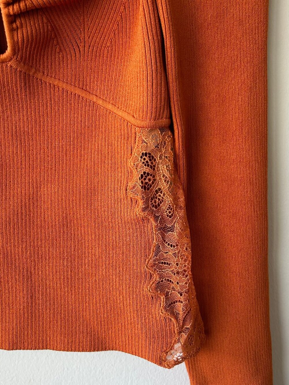 Self-Portrait Cinnamon Ribbed Knit Top Lace Panel Cutout Women Size L - Picture 3 of 12